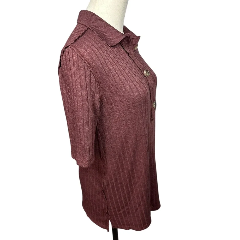 Free People Heart Strings Brown‎ Polo Ribbed Knit Shirt Top XS Old Money Preppy